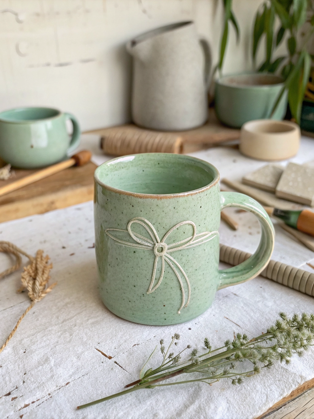 Handmade ceramic mug with a bow, sage green color, rustic style.