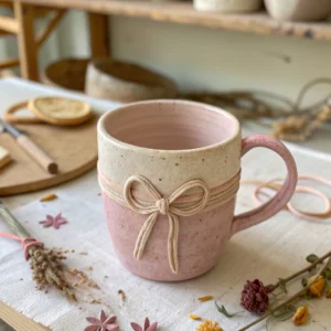 Handmade ceramic mug with a bow, dusty pink color, rustic style.