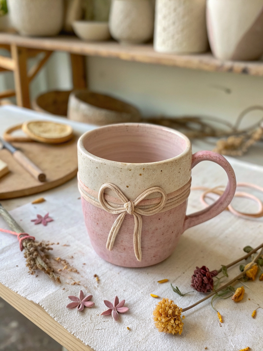 Handmade ceramic mug with a bow, dusty pink color, rustic style.