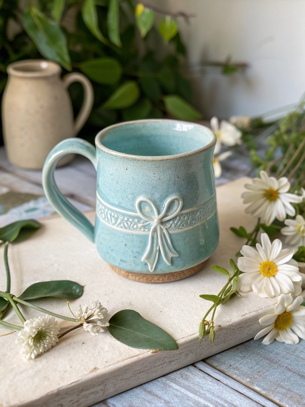 Handmade ceramic mug with a bow, sky blue color, rustic style.