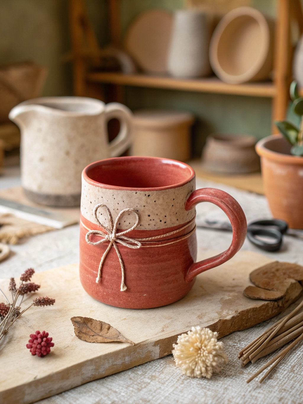 Handmade ceramic mug with a bow, terracotta red color, rustic style.